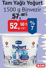 BİNVEZİR TAM YAĞLI YOĞURT 1500 G